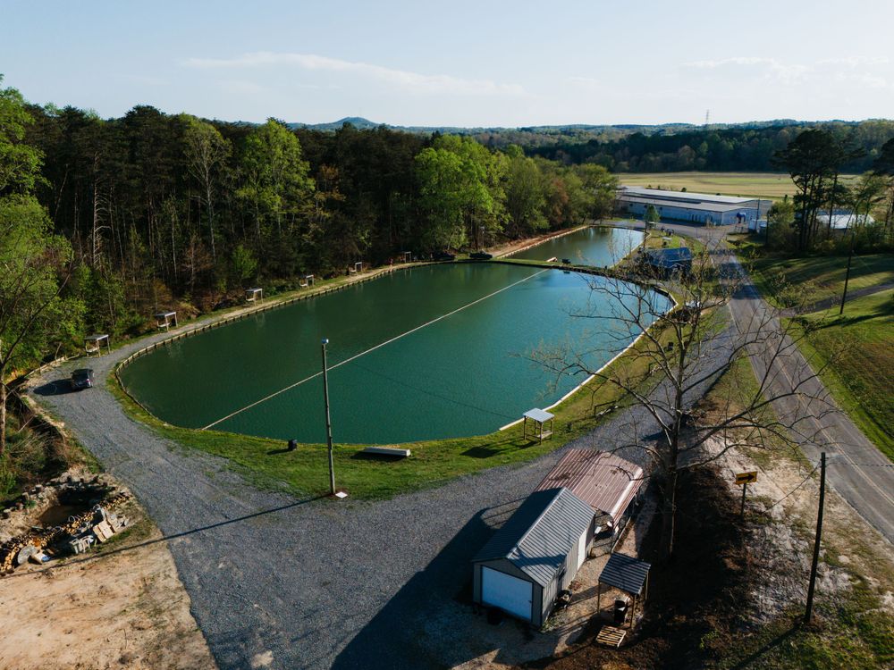 Aerial view of a man-made lake or reservoir with green water surrounded by trees and pathways.