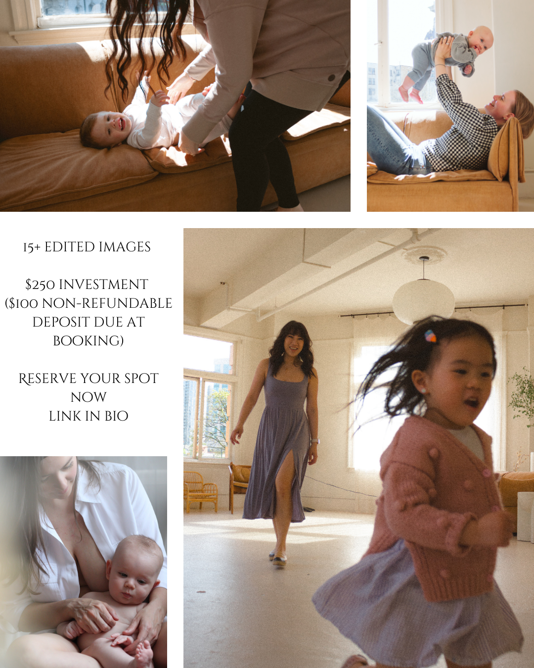Collage of photos from motherhood mini sessions in Vancouver, BC.
