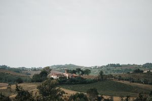 Scenic Italian countryside landscape with rolling green hills, farmhouses, and vineyards under a gray sky.