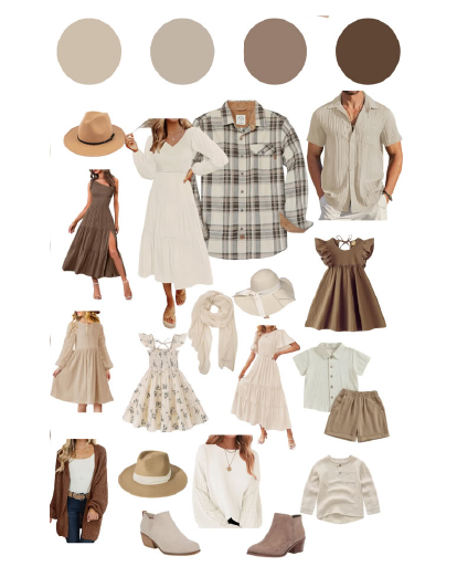 A neutral-toned fashion mood board featuring dresses, plaid shirts, boots, hats, and accessories in cream and brown colors.