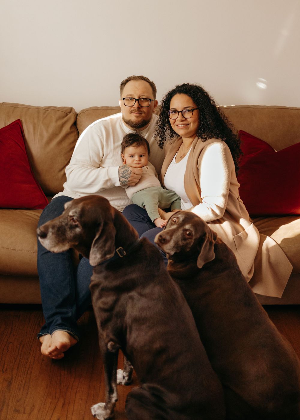 Family sits together on a brown couch with their two chocolate Labrador retrievers in a cozy home setting.