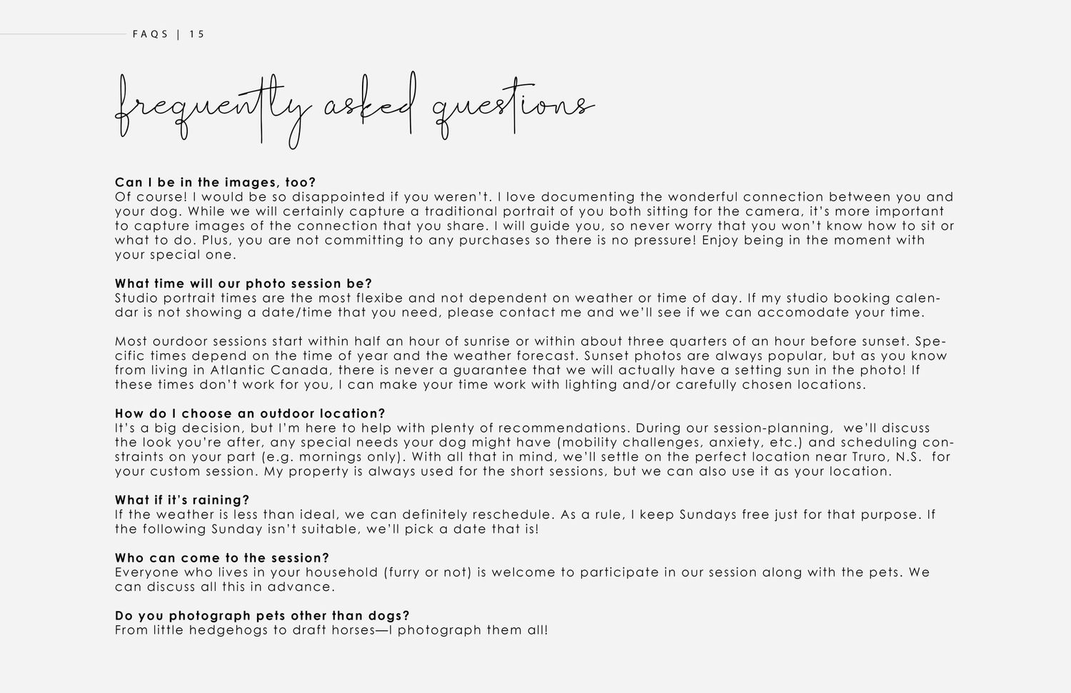 Information page with frequently asked questions about pet photography sessions.