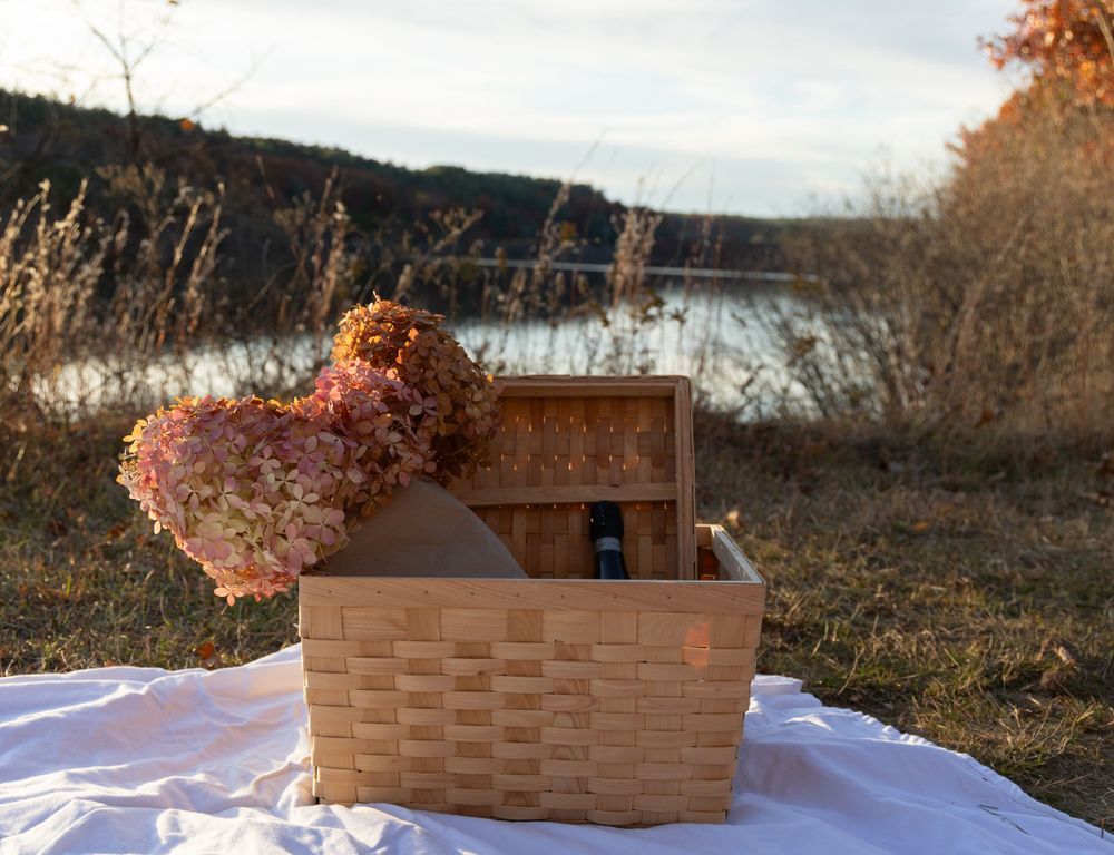 Rustic wicker picnic basket with pink dried hydrangeas and wine bottle on white blanket by lake.