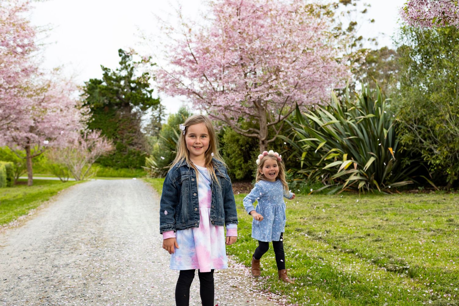 Two children stand on a springtime path lined with blooming cherry blossom trees and green foliage.
