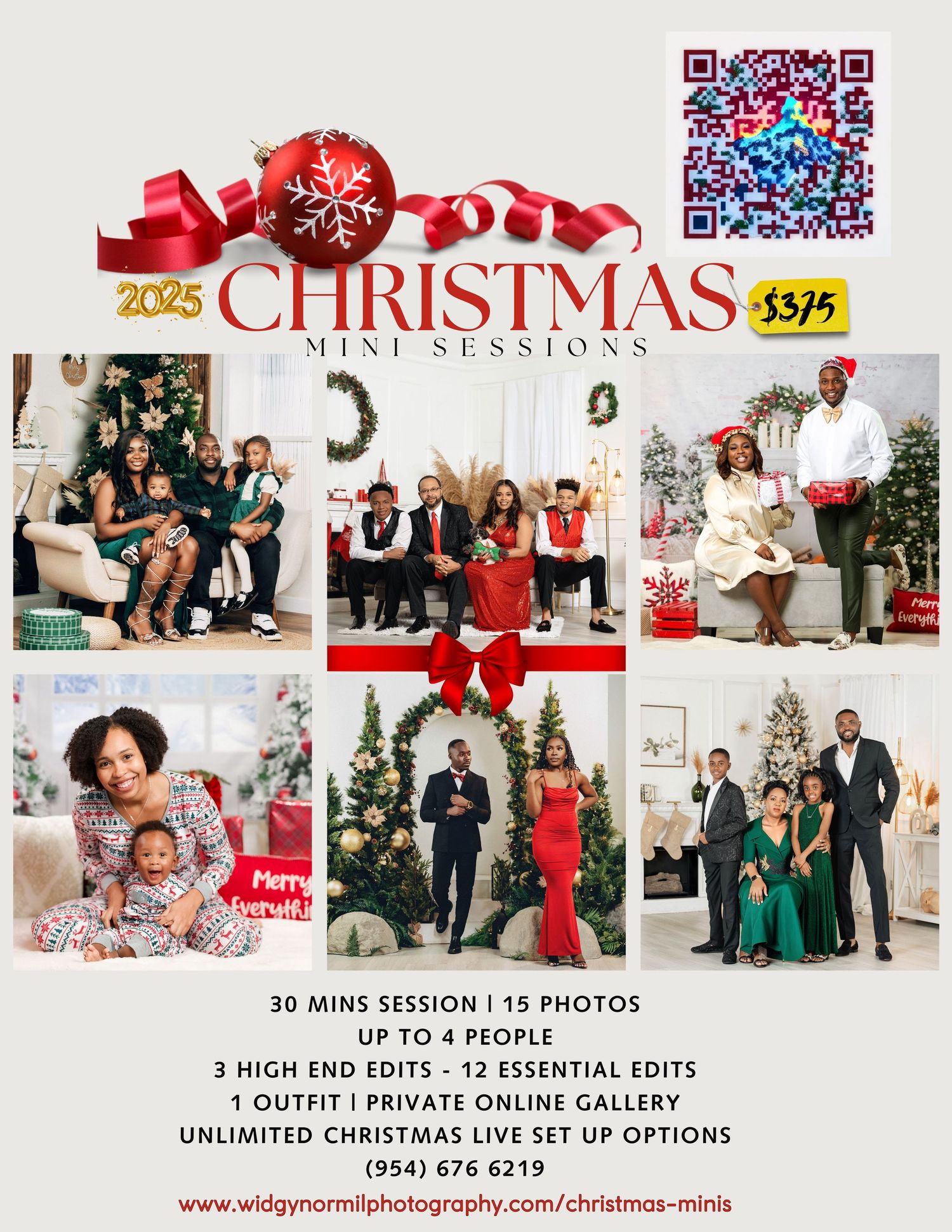 2025 Christmas Mini Sessions flyer by Widgy Normil Photography offering 30-minute sessions for up to four people at $375.