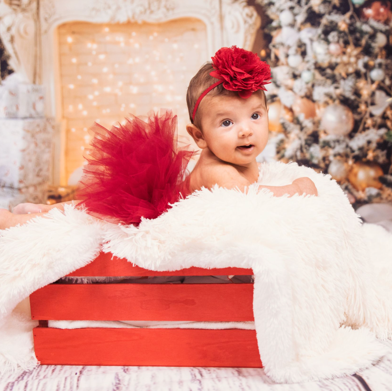 Holiday themed photo setup with red sleigh and white fur backdrop.