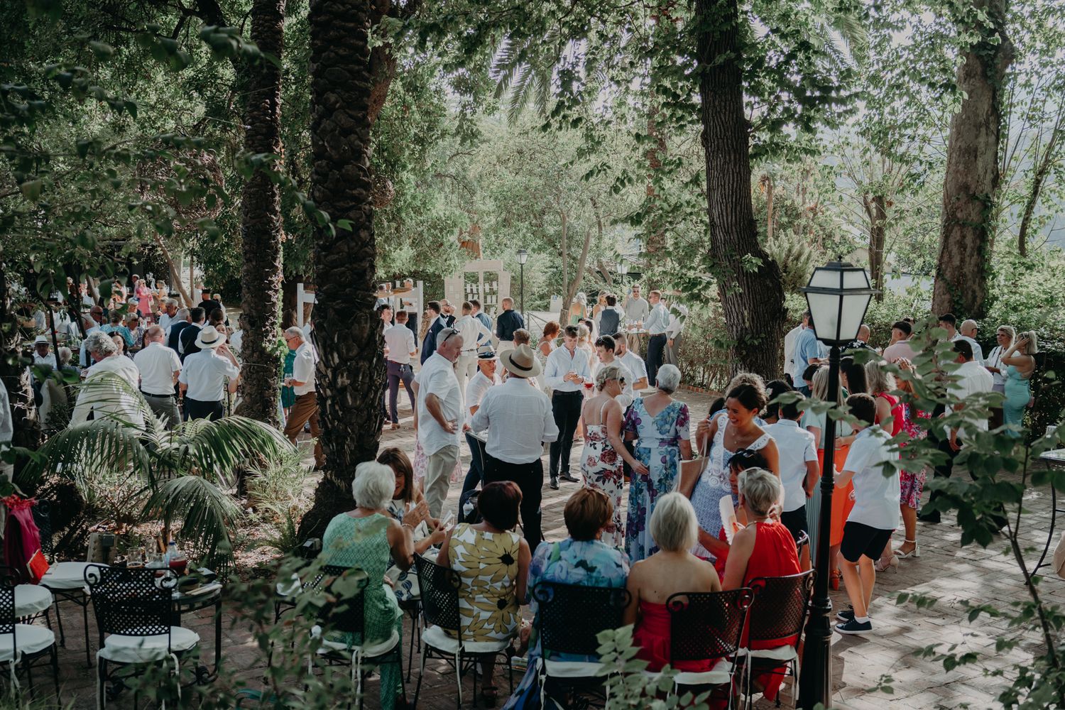 Outdoor forest wedding ceremony with guests seated among tall trees and natural greenery.