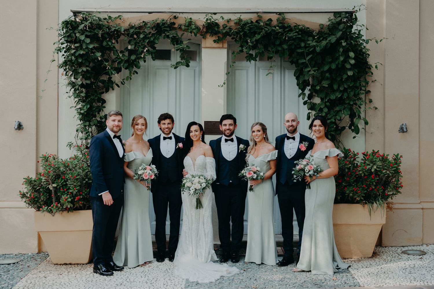 Wedding party poses elegantly against a cream wall with climbing greenery and potted plants.