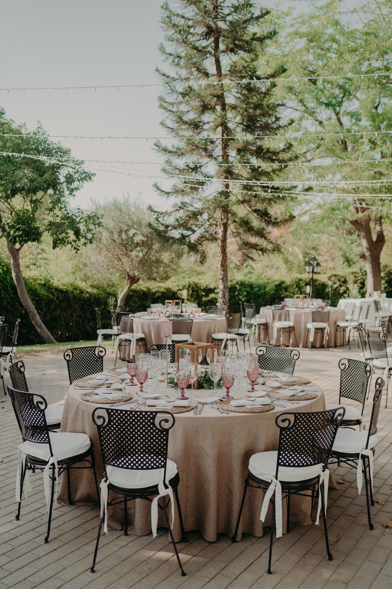 Outdoor wedding reception setup with round tables and metal chairs under tall pine trees.