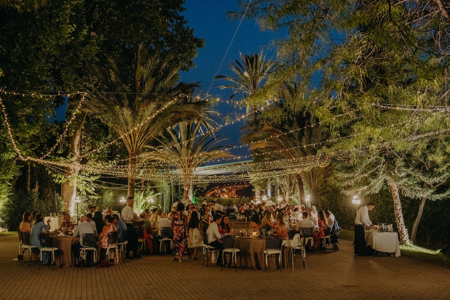 An outdoor wedding reception under palm trees and string lights at dusk.