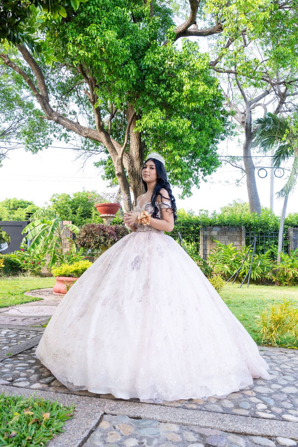 Fotos de fiesta de quinceaños con decoración sencilla y elegante en exteriores
