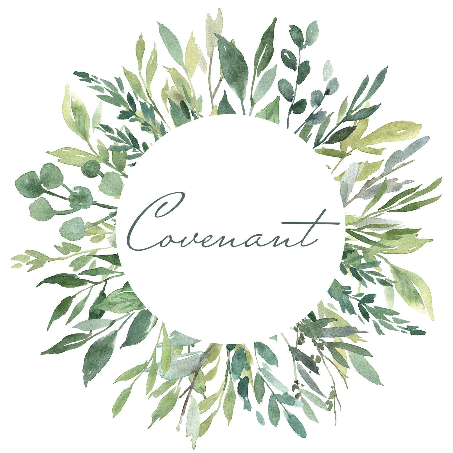 Watercolor wreath design with green eucalyptus leaves and botanical elements framing the word 'Covenant' in cursive script.