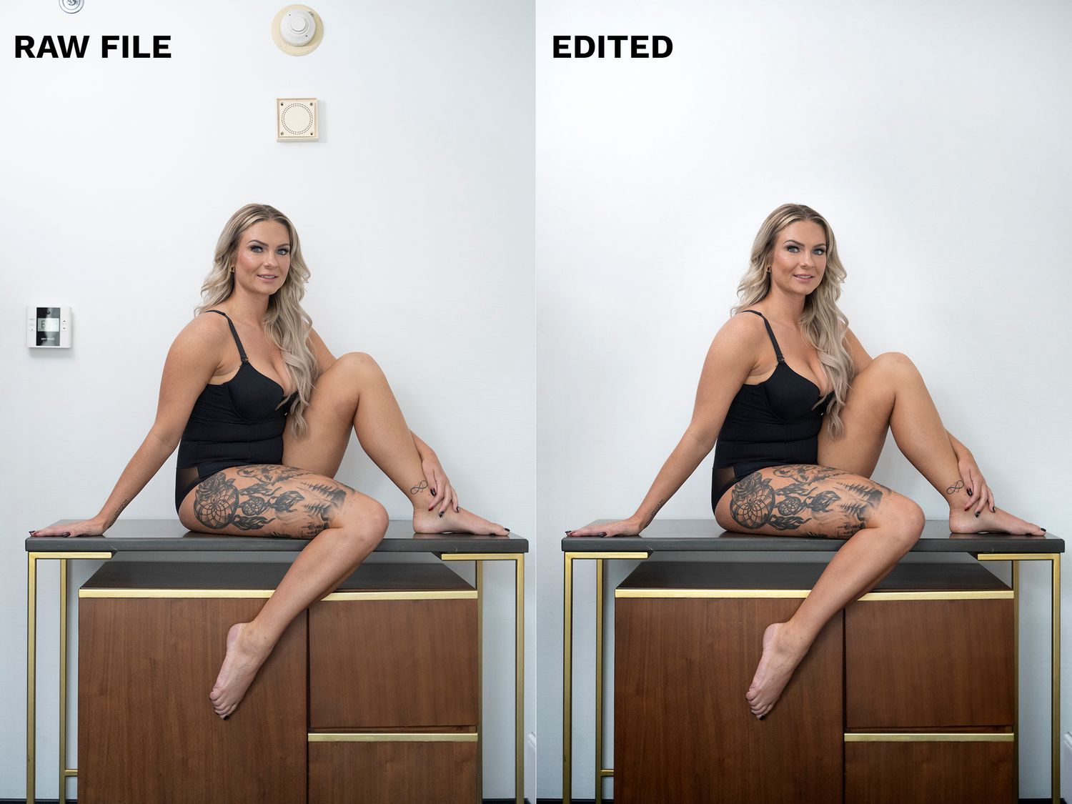 Before and after comparison of retouched glamour photography on wooden furniture.
