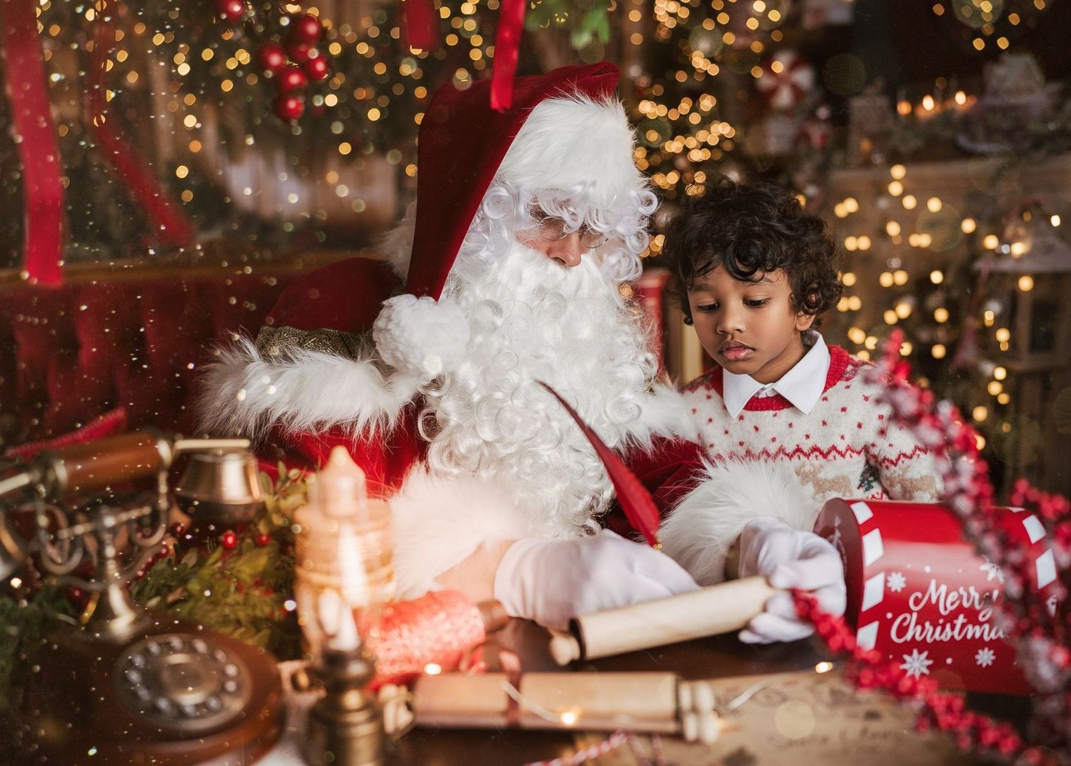Magical Christmas scene with Santa's workshop decorated with twinkling lights and holiday decor.