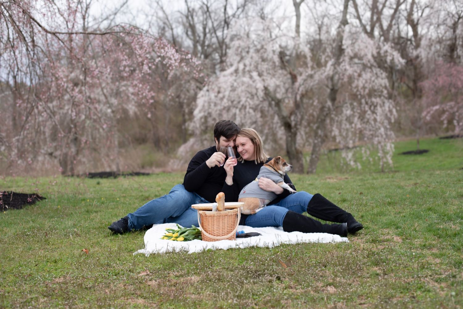 couple enjoying a cherry blossoms at ault park in Cincinnati, captured by Emily Lupton Photography, natural light lifestyle portraits.