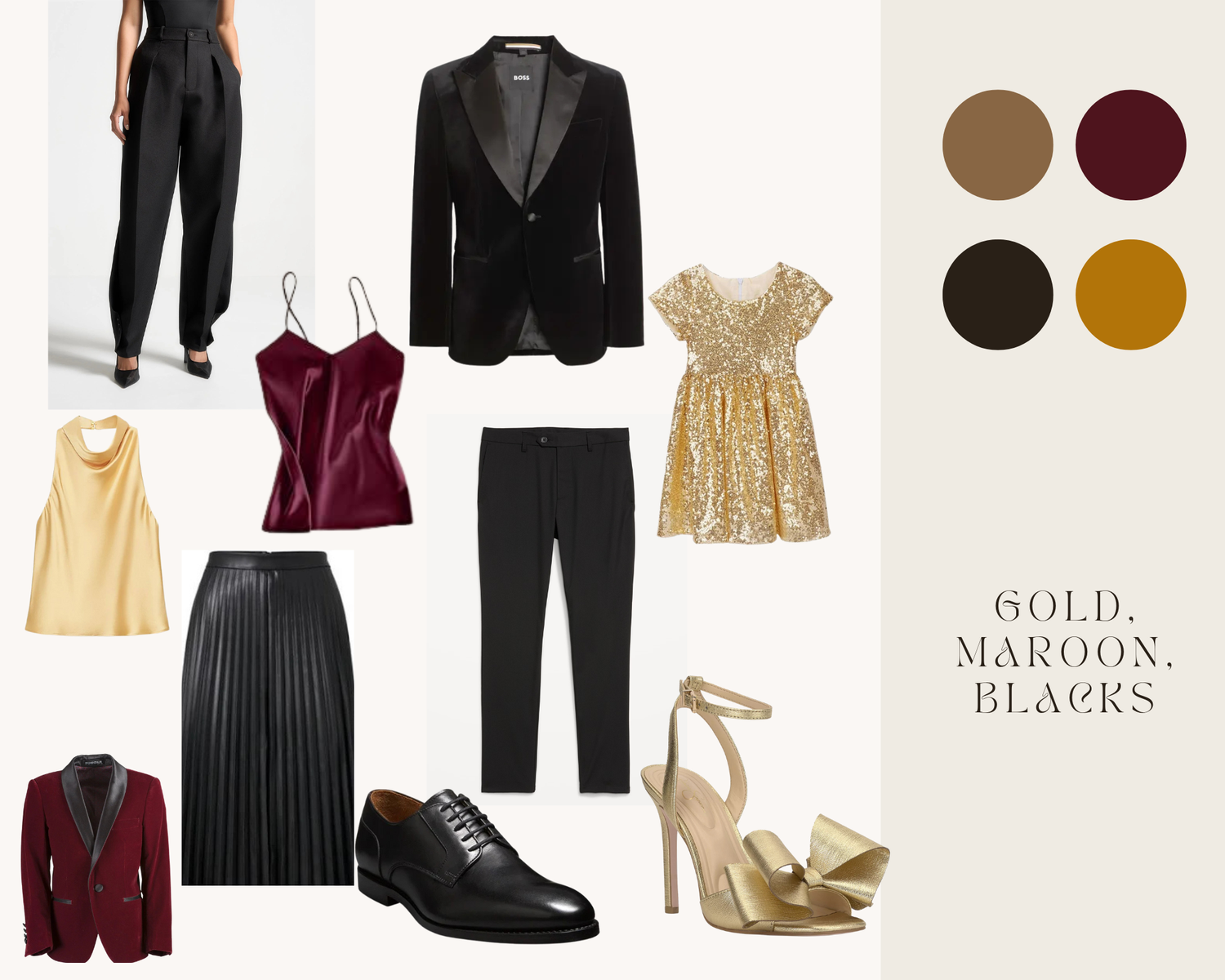 Gold maroon and black fashion outfit mood board with clothing and accessories.