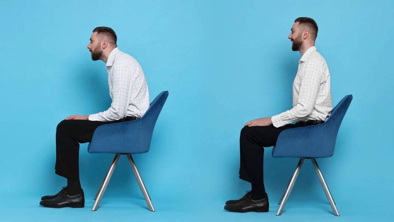 A whit male professional on shirt demonstrating the right posture and wrong posture while on a sit