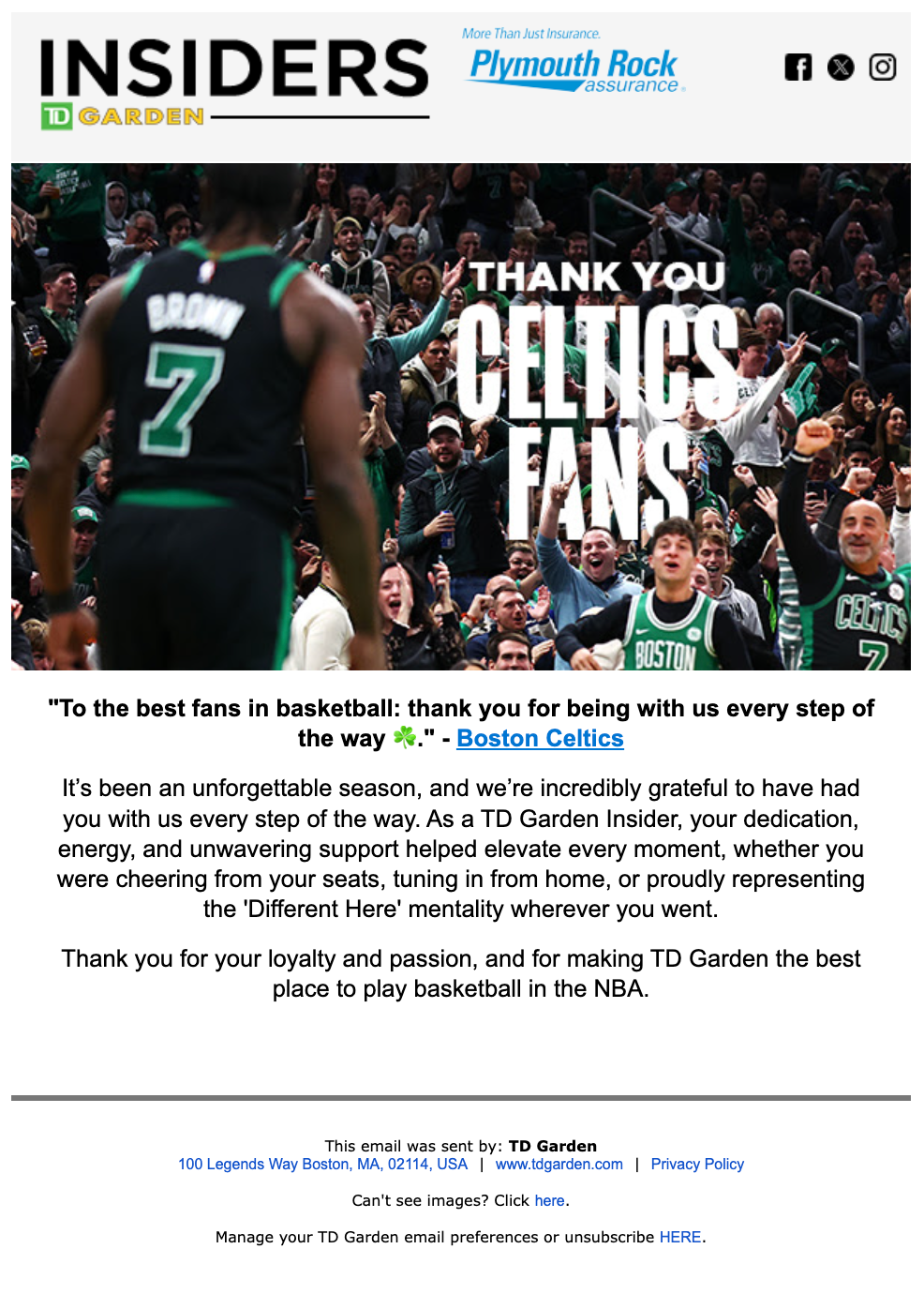 Boston Celtics thank fans for their support through the season with a message on TD Garden digital display.