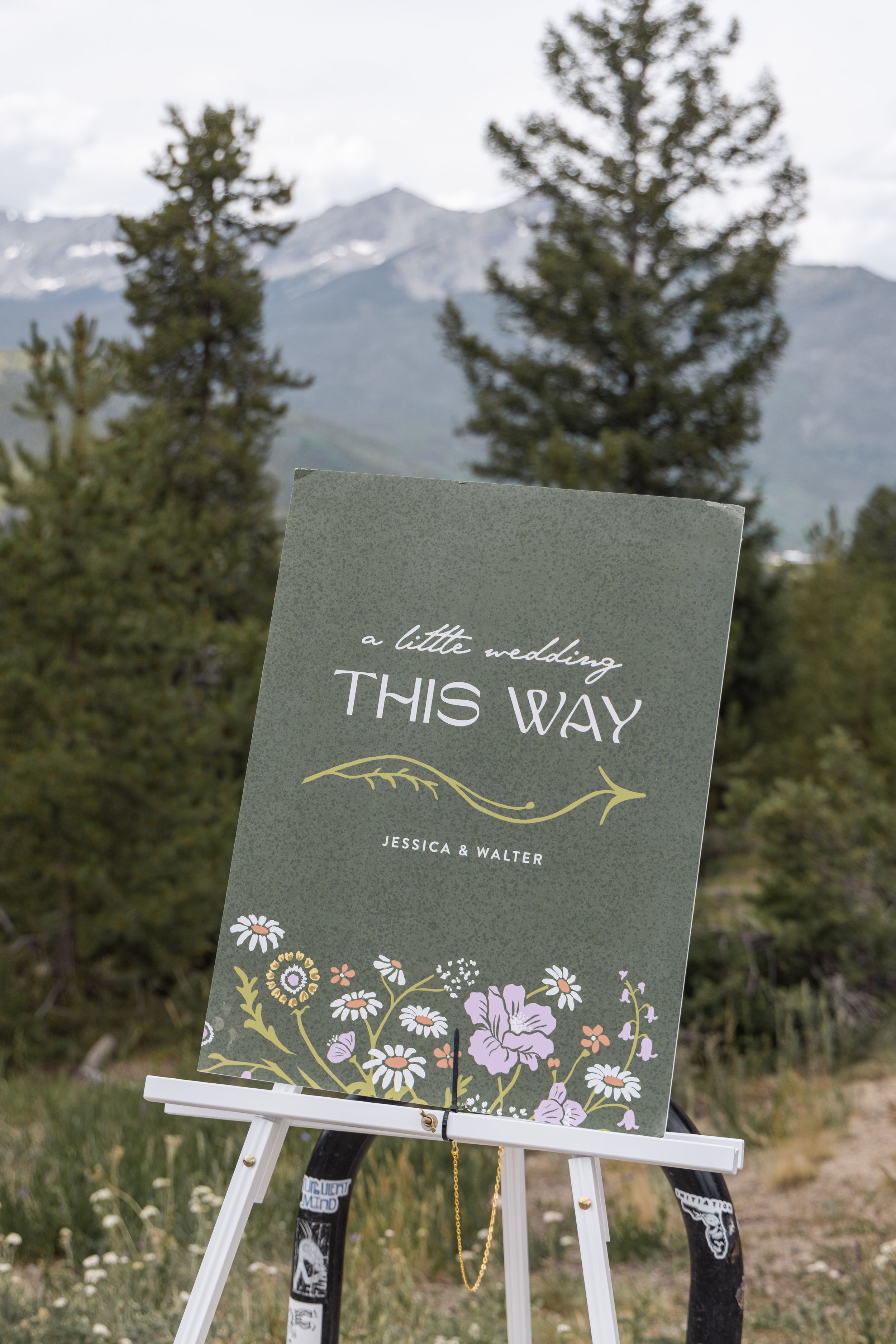A rustic wedding directional sign with floral designs stands on an easel against a mountain landscape with evergreen trees.