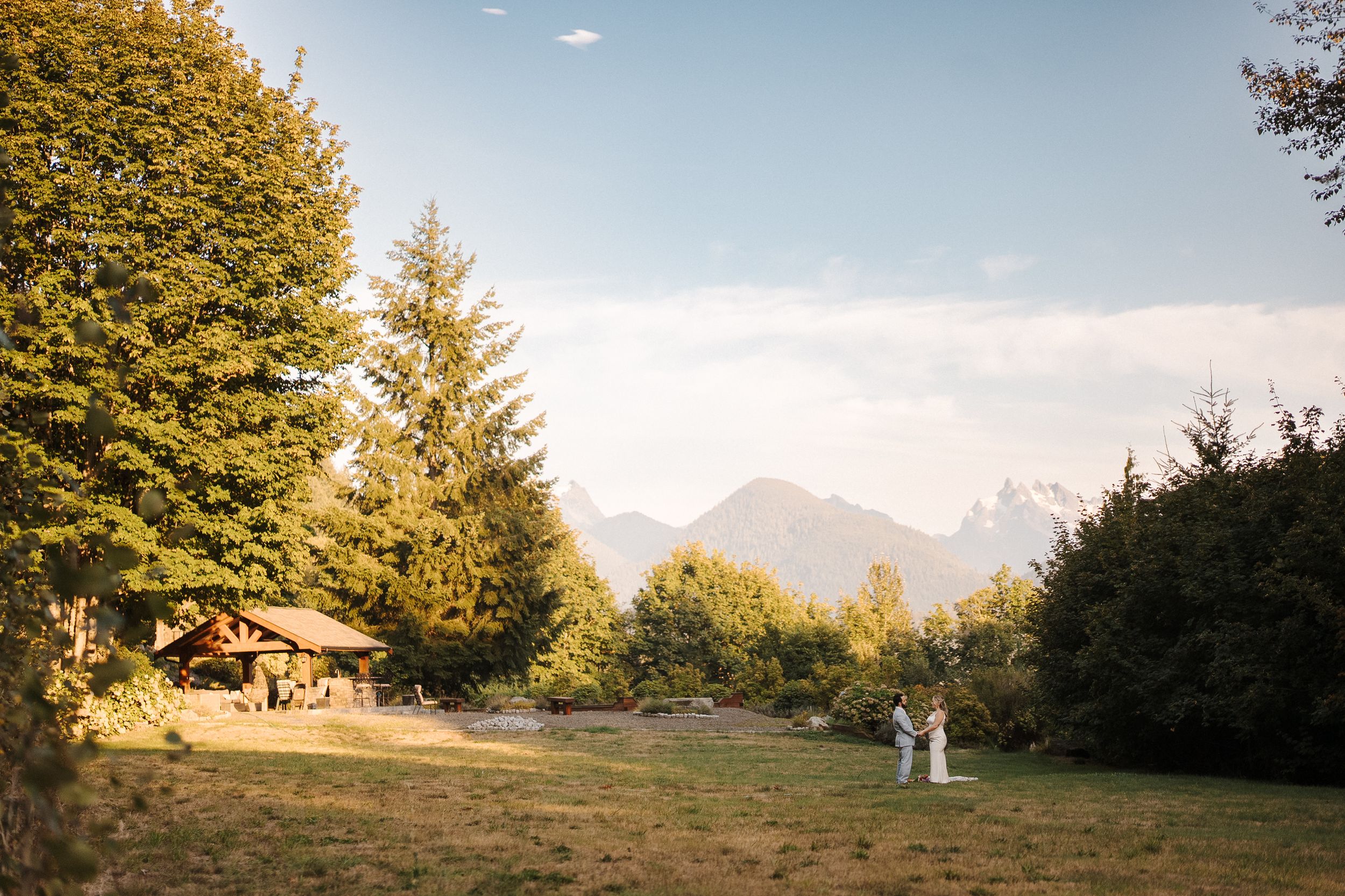 Panoramic view of mountains and evergreen trees at sunset creating a serene natural backdrop.