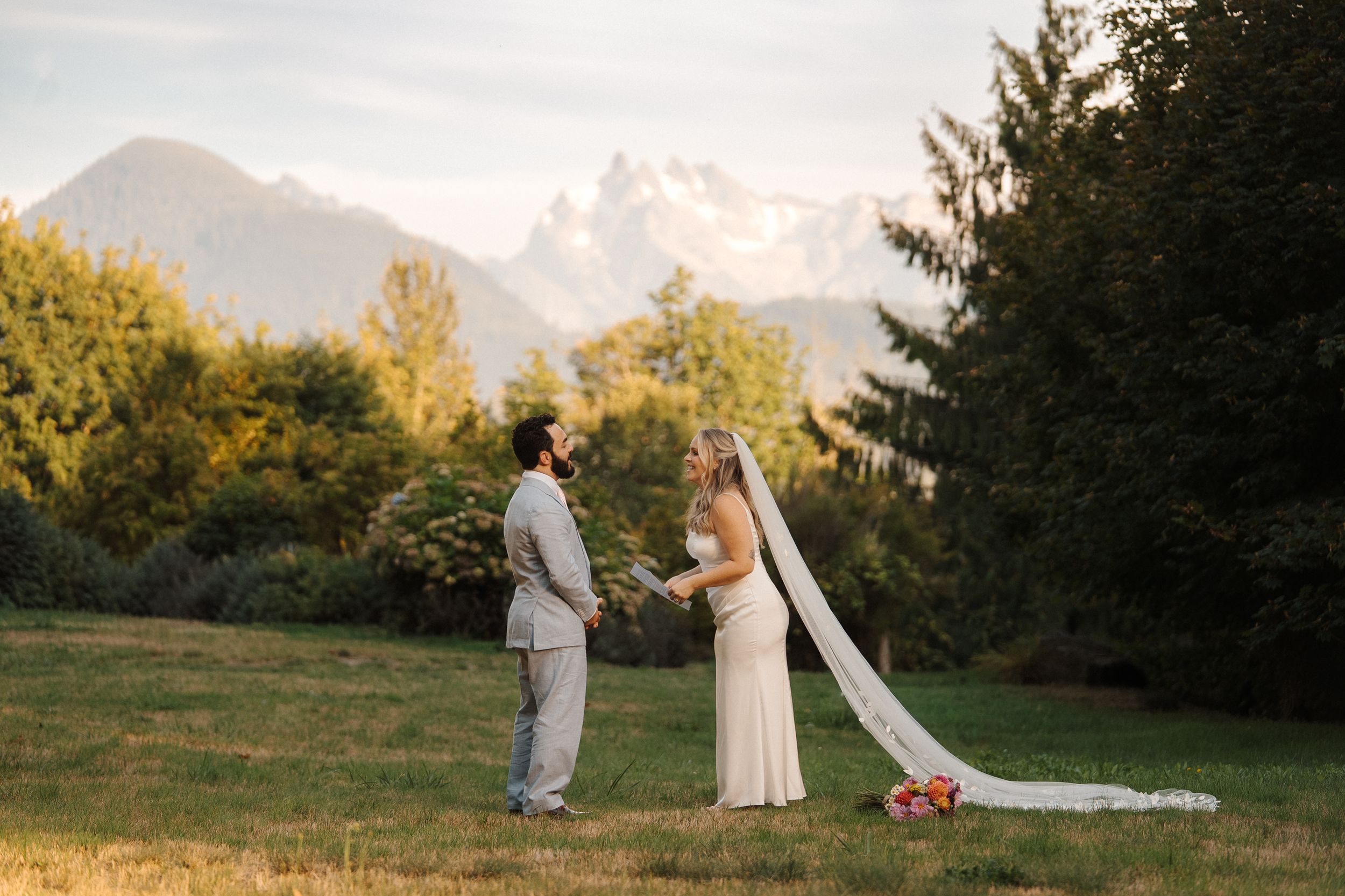 Series of romantic sunset photos in a garden field with golden light filtering through trees during a wedding celebration.