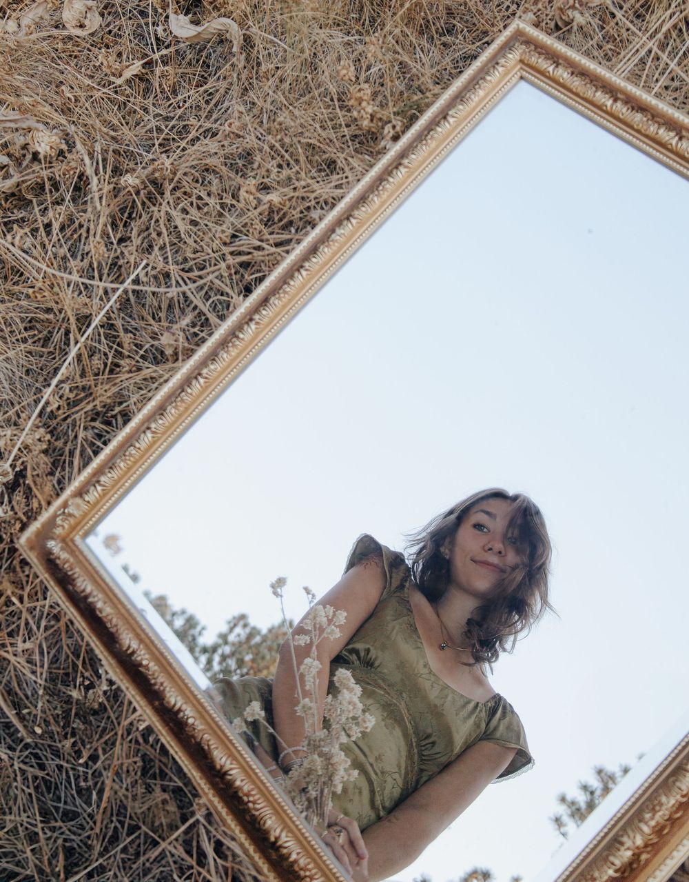 A creative mirror reflection shot in a gold frame against dried grass and sky.
