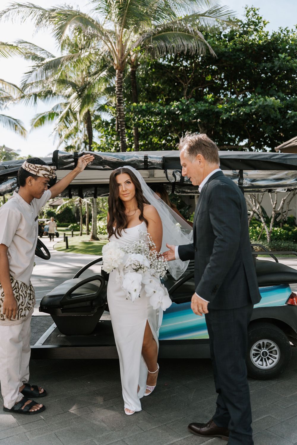 A series of photos showing a limo arrival at an outdoor tropical venue with palm trees and formal attire.