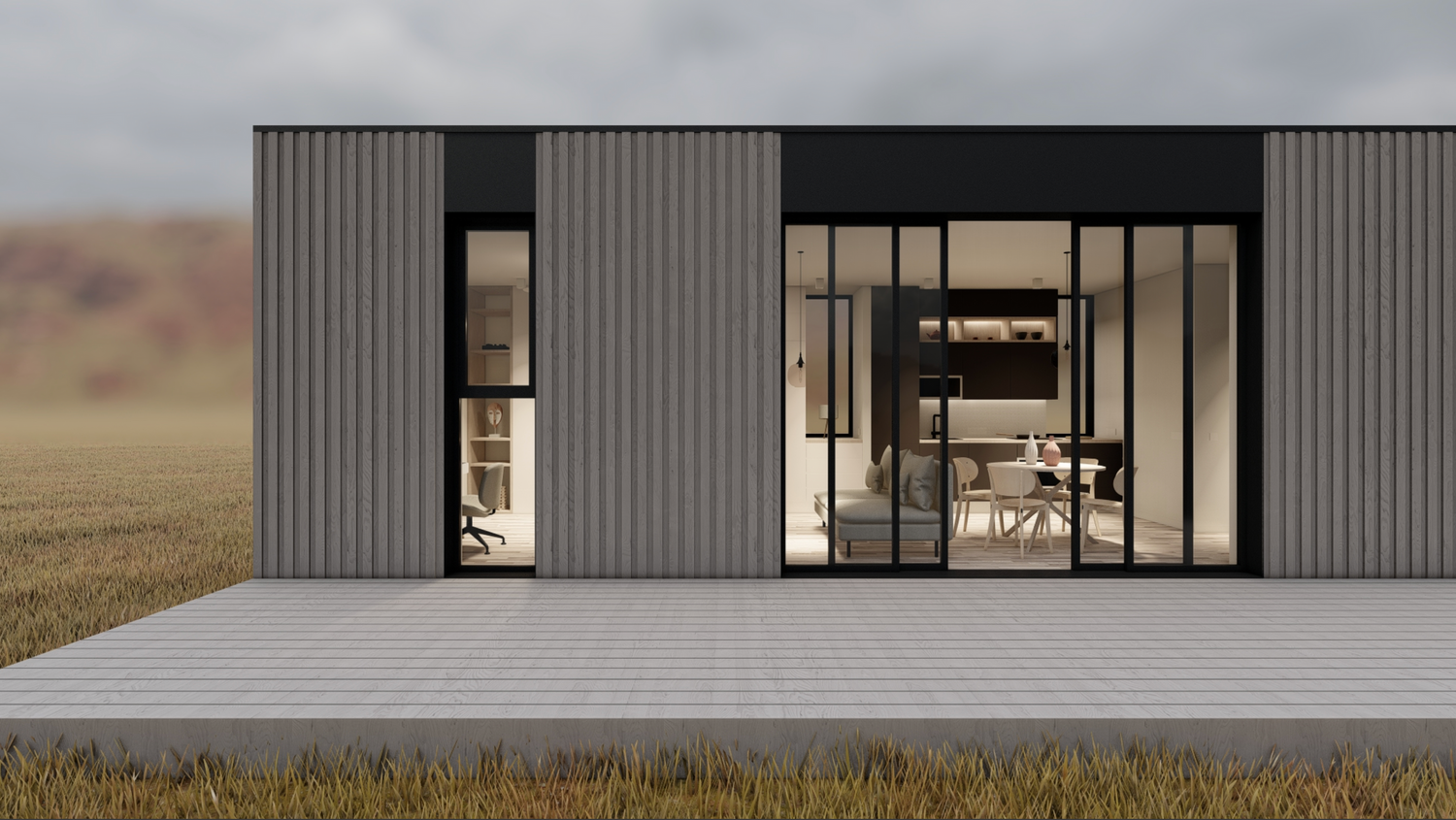 Modern single-story house exterior with floor-to-ceiling windows and grey metal cladding on concrete foundation.