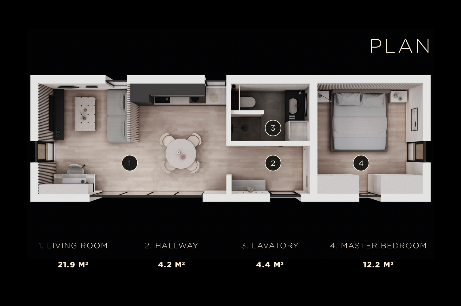 Minimalist apartment floor plan showing living spaces and master bedroom with measurements.