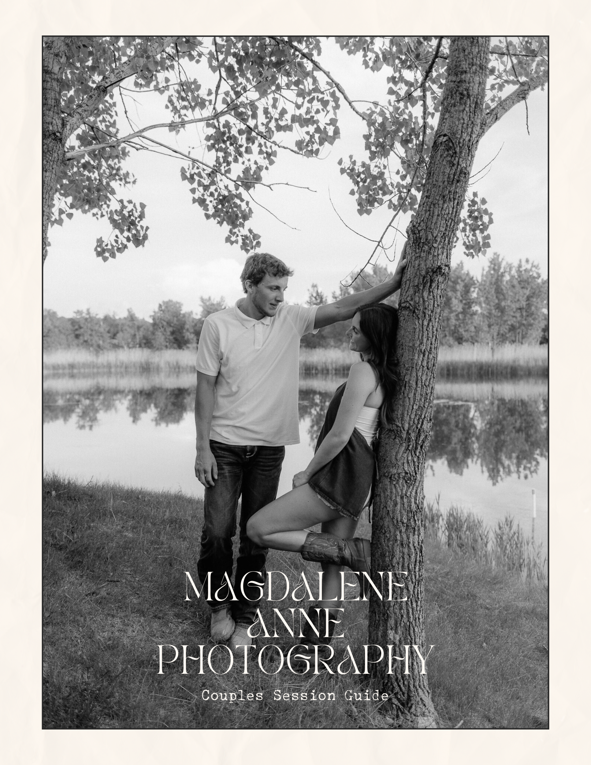 Black and white photography logo featuring lowercase text and elegant design elements beside a scenic lake view.