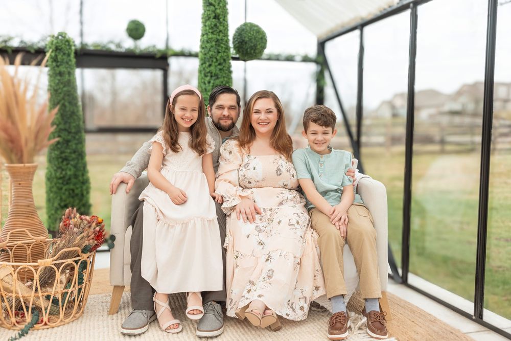 Collection of casual family portraits taken in bright sunlit greenhouse setting.