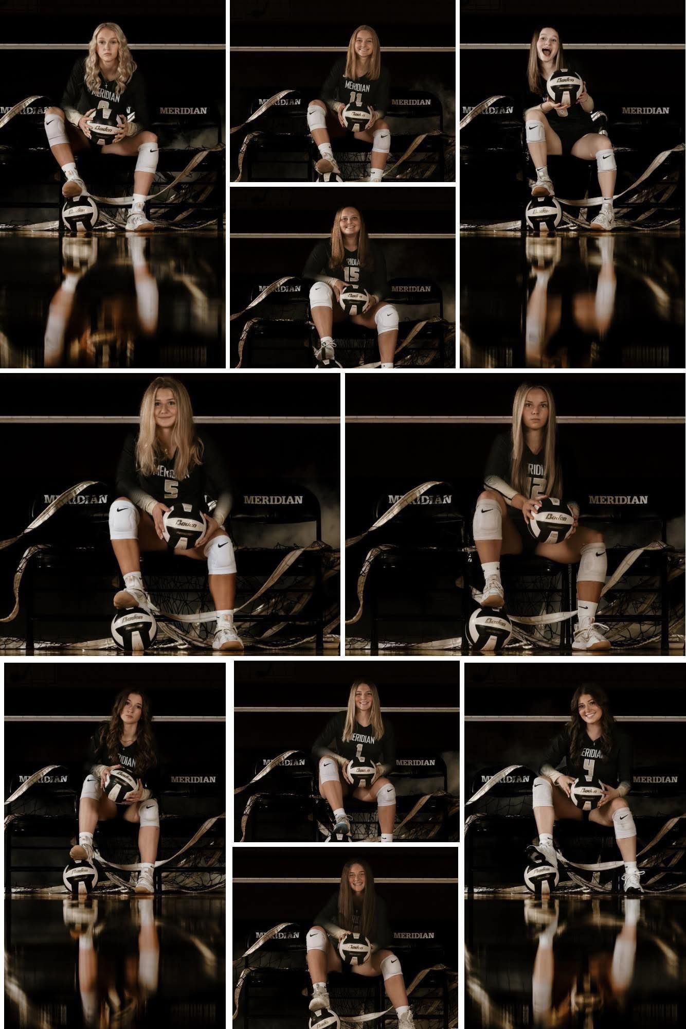 Collage of volleyball high school photos in a dark gym setting.