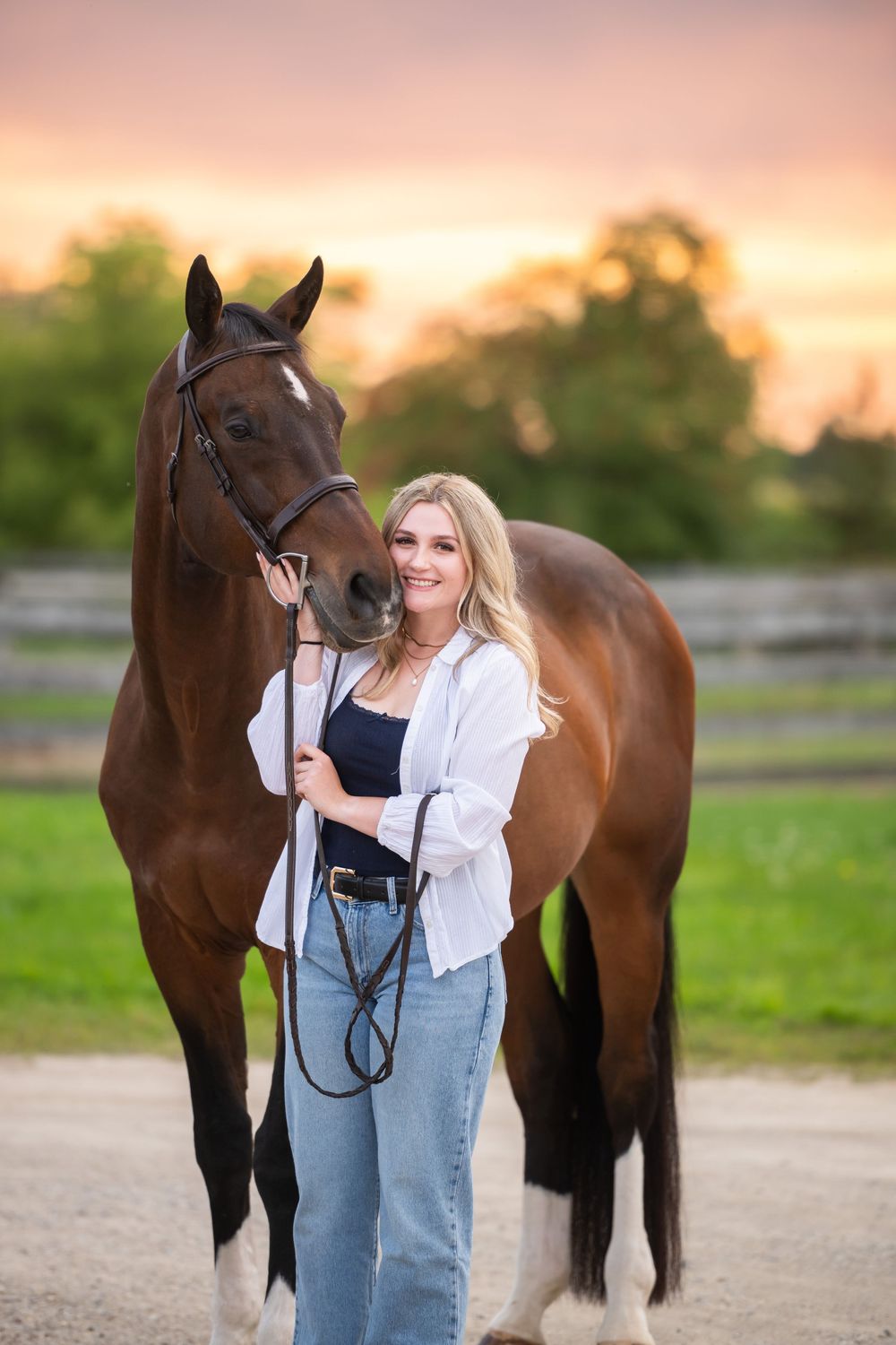 A brown horse and person share sweet moments at golden sunset in a casual photoshoot setting.
