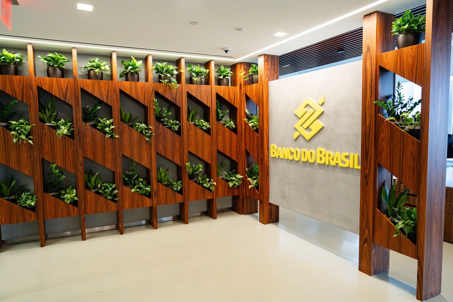 Long row of wooden changing room lockers with green plants decorating the top edge in a bright interior space.