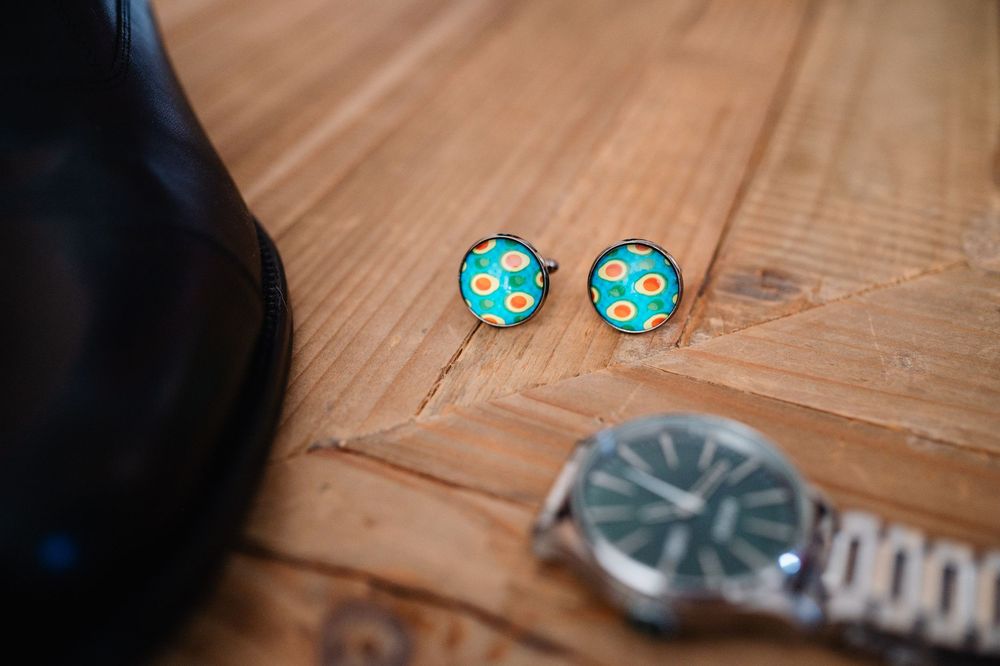 A sequence of seven photos showing turquoise hexagonal earrings being transformed from raw materials into finished jewelry.