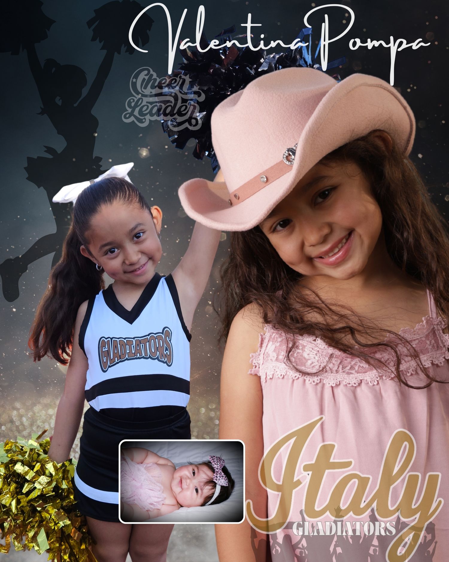 A collage of cheerleading photos showing athletes in pink and white uniforms posing outdoors and indoors.