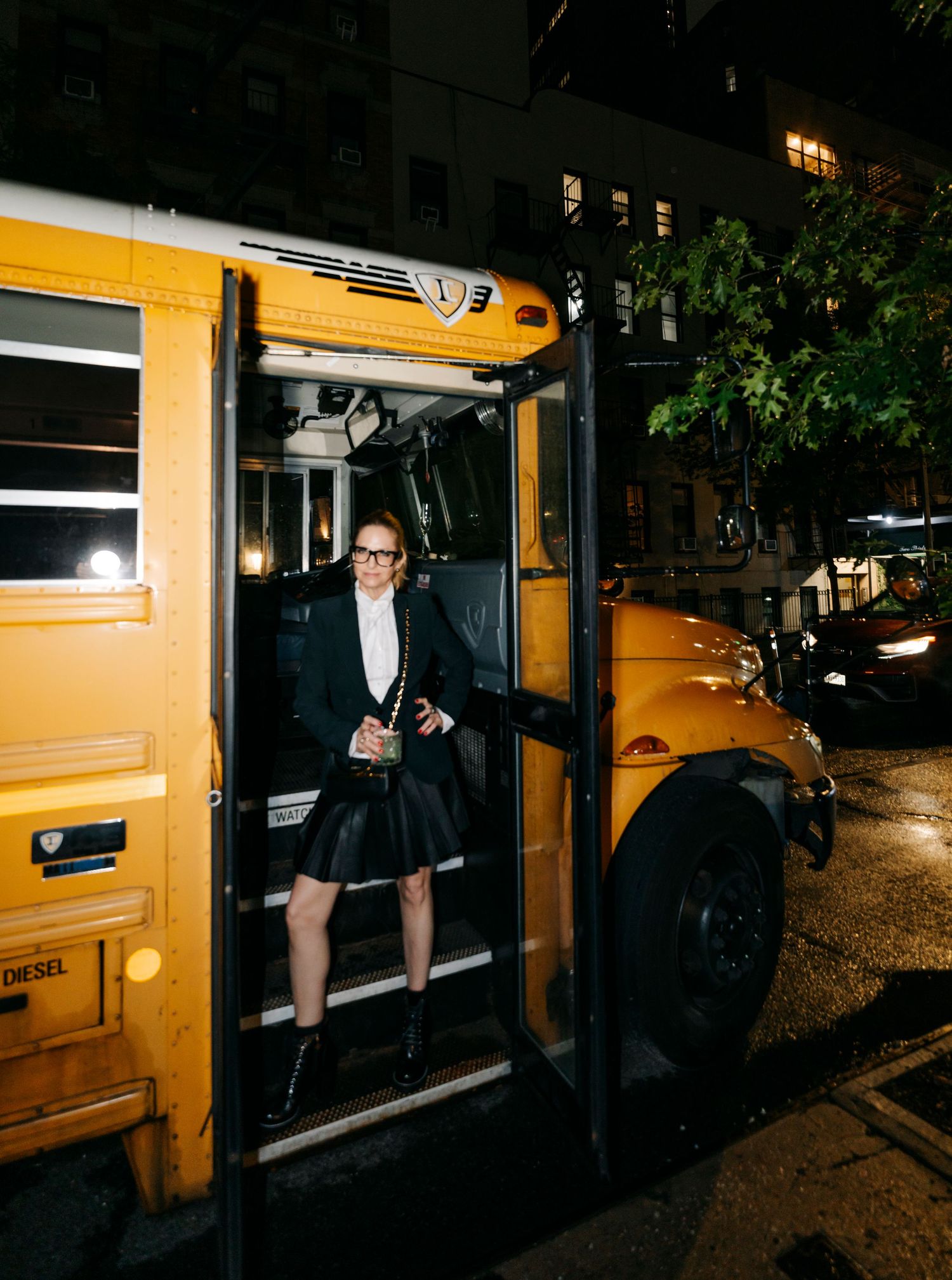 A series of photos showing nighttime interactions with a yellow bus door at various angles and lighting conditions.