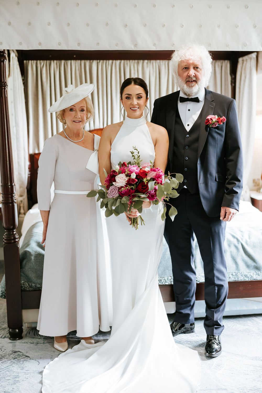 A series of wedding photos showing a bride in white gown posing with family members before the ceremony.