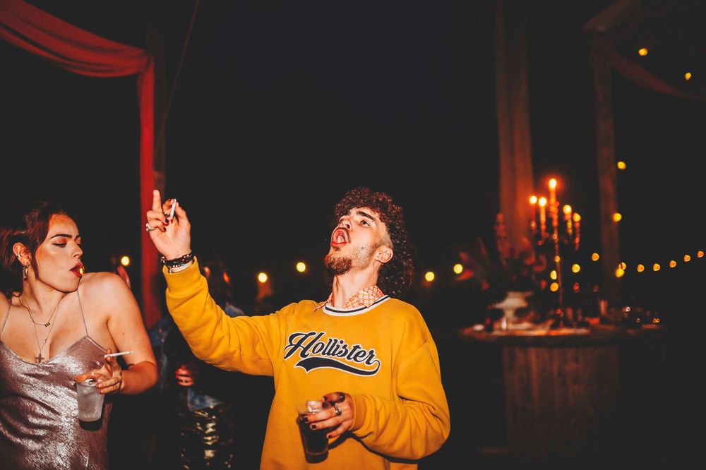 A group of candid photos showing people enjoying drinks and celebrations at night in a party setting.