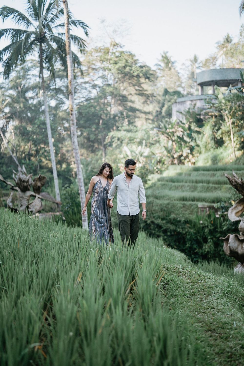 A couple walks through a verdant field surrounded by towering palm trees in a tropical landscape.