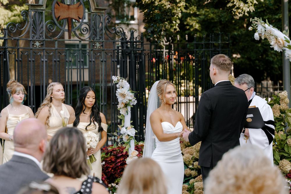 A collage of outdoor wedding ceremony moments showing guests and celebrants in a sunny garden setting with white decor.