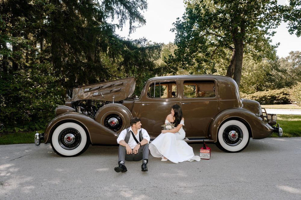 A series of wedding photos showing a classic vintage car with white wall tires and elegant poses in formal attire.