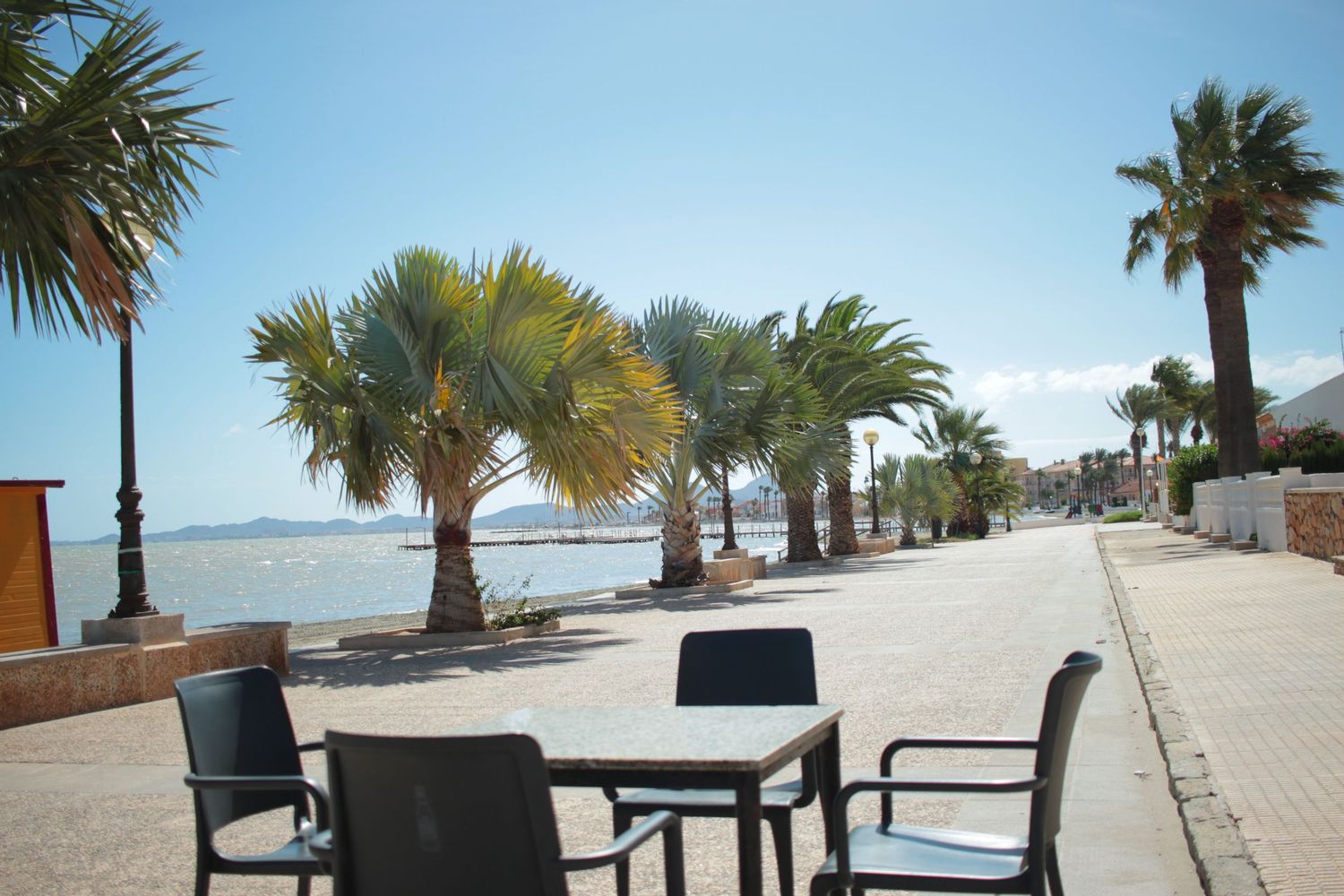 Palmen an der Strandpromenade nähe Murcia in Spanien menschenleer weil außerhalb der Saison mit einer Tischgruppe im Vordergrund