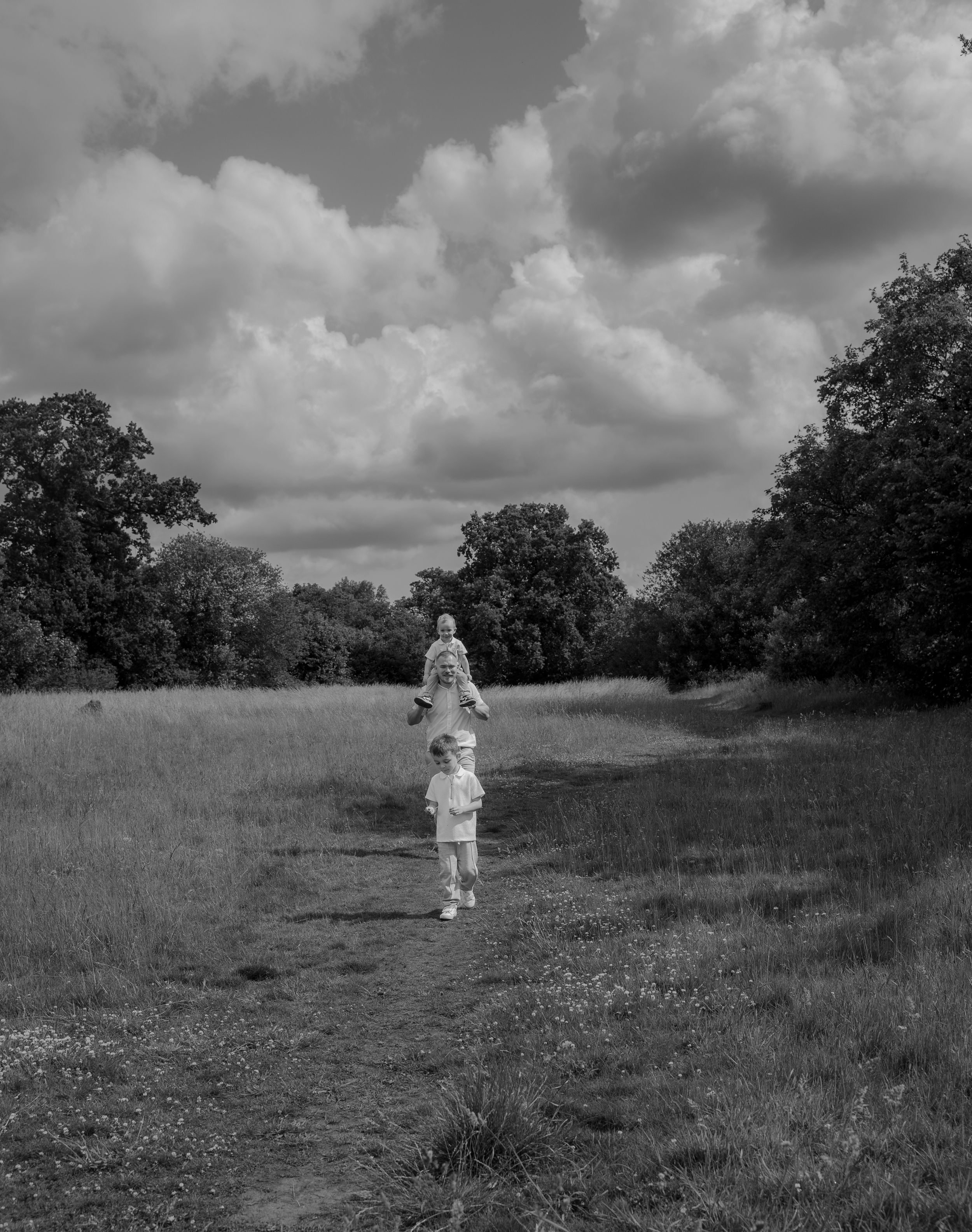 A solitary figure walks through a grassy meadow beneath dramatic clouds in black and white.