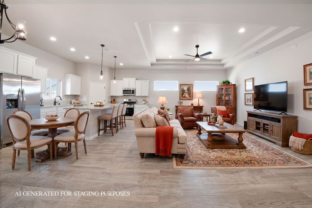 Open-concept living room and kitchen with hardwood floors, coffered ceiling, neutral decor, and modern appliances in a bright home.