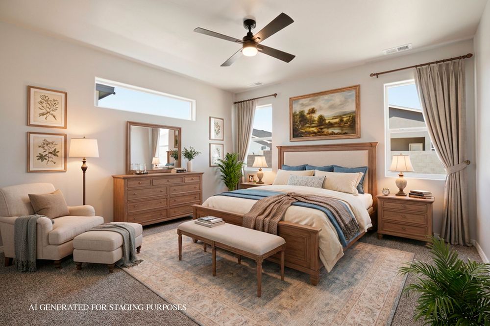 Elegant staged primary bedroom with wood furniture, ceiling fan, area rug, and natural light from multiple windows.