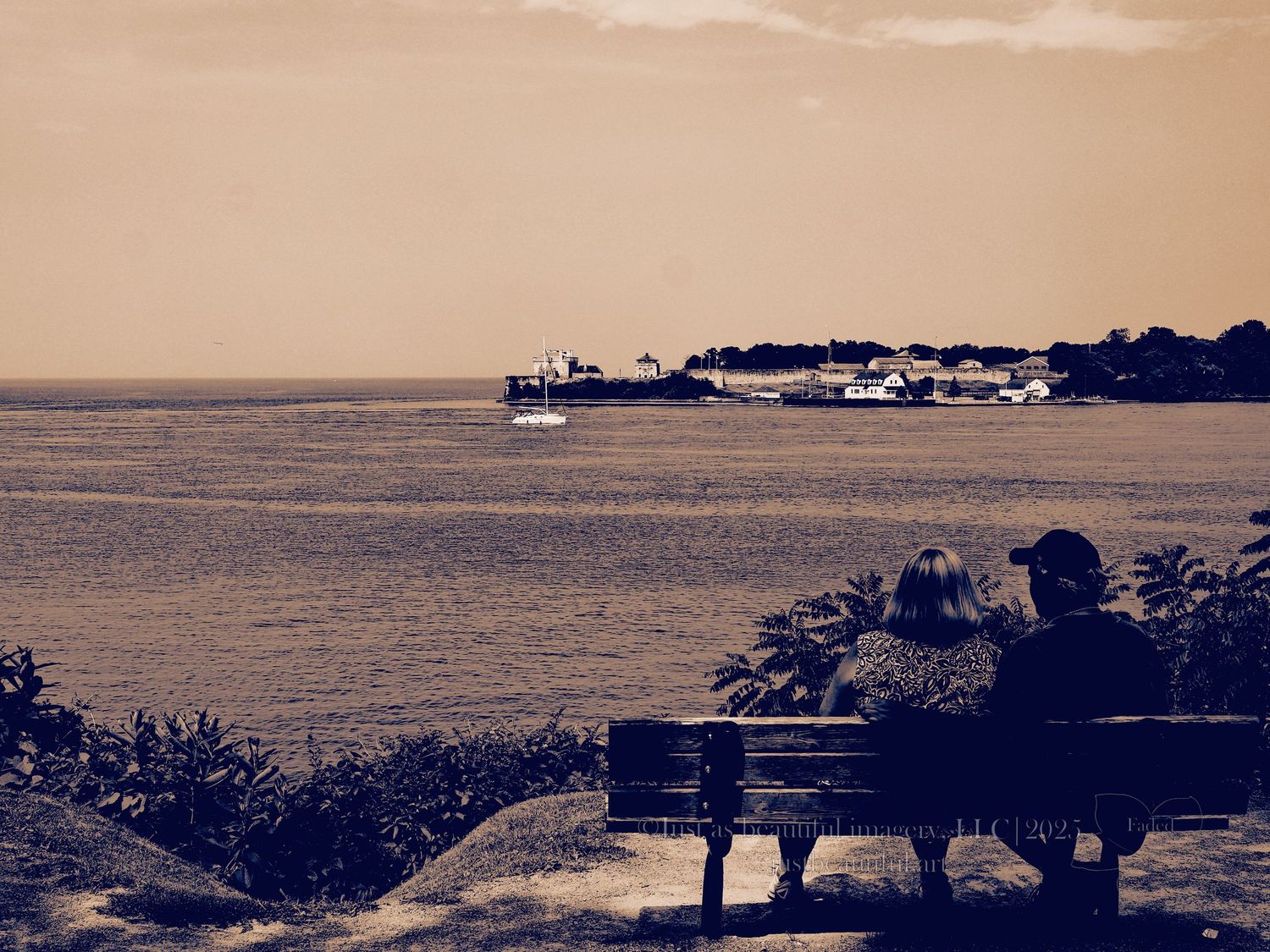 Faded photo of couple overlooking the mouth of the Niagara River.