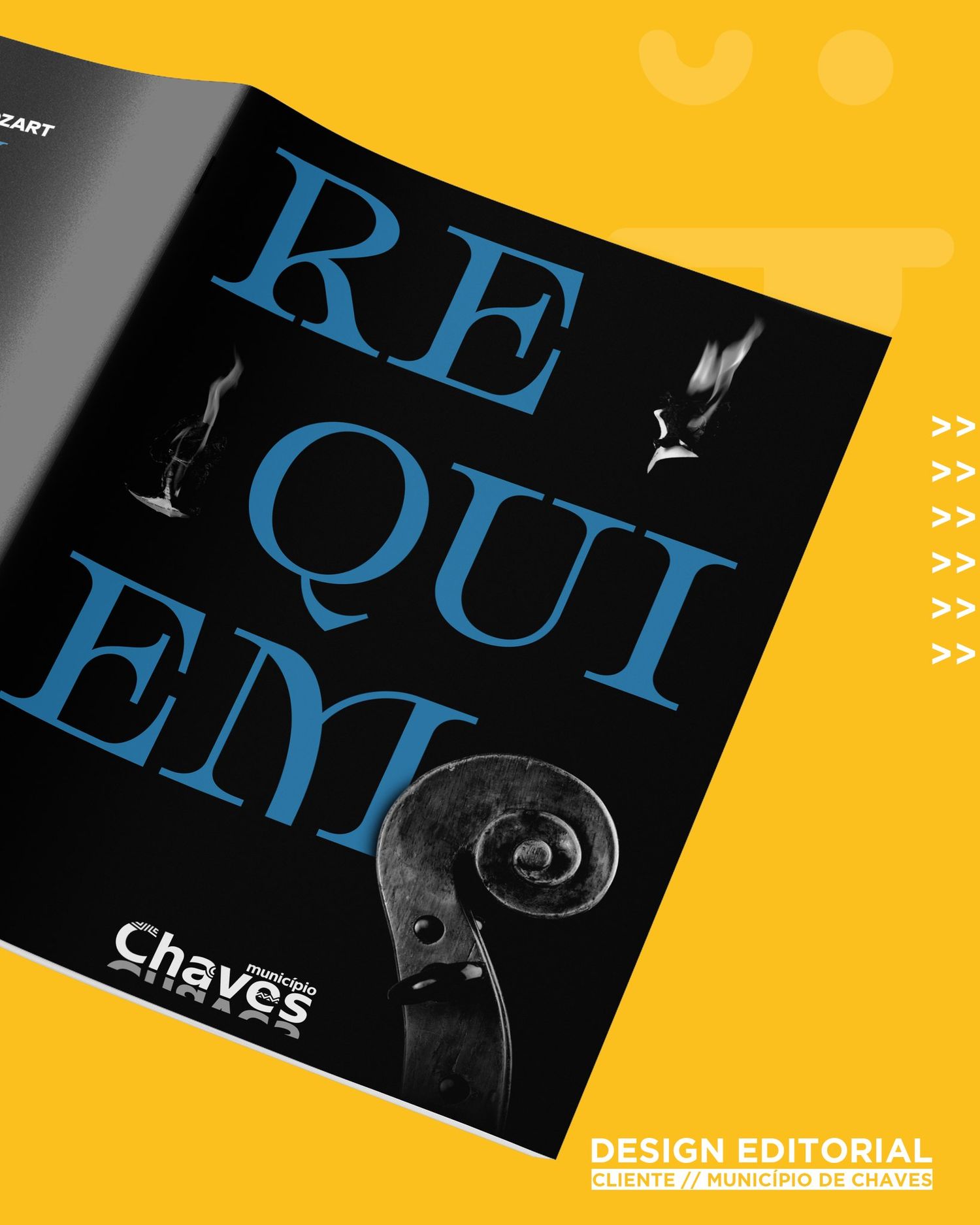 Book cover design featuring 'REQUIEM' text in blue against black background with violin scroll.