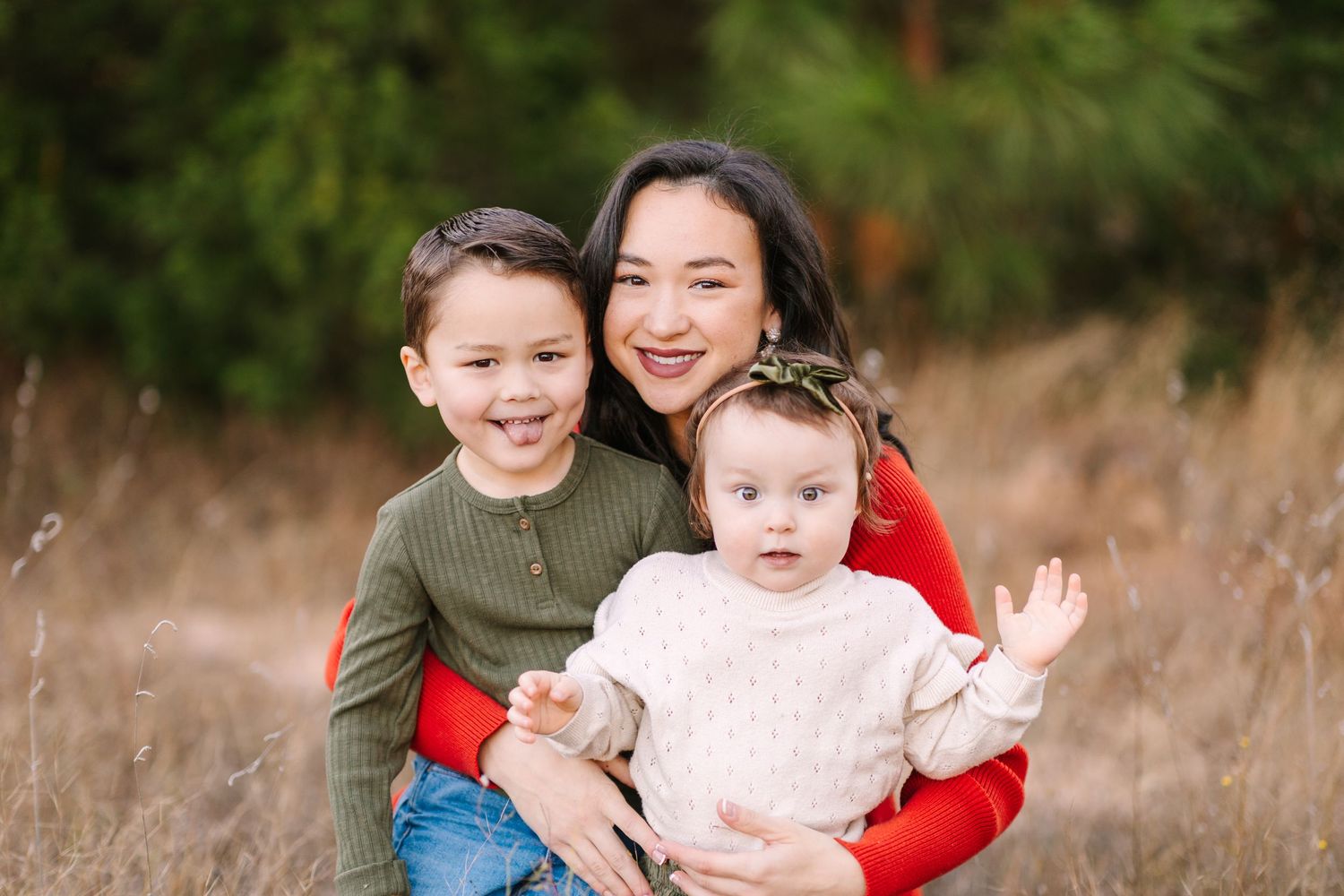 A candid series of four photos showing joyful family moments captured in an outdoor field setting with natural lighting.