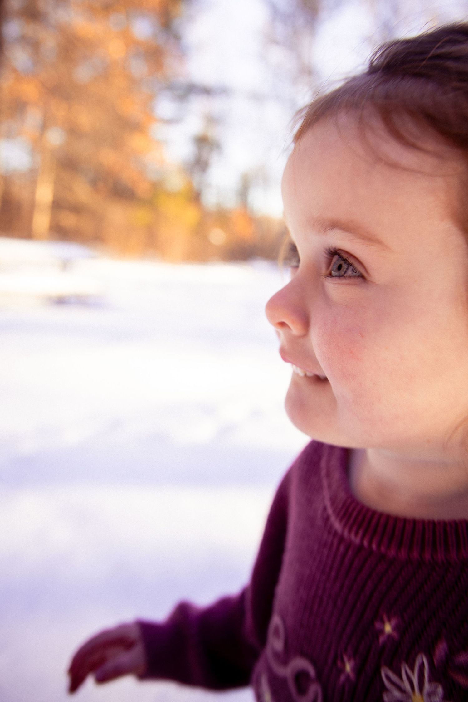 A close-up profile view of a young child in a purple sweater against a snowy winter background.